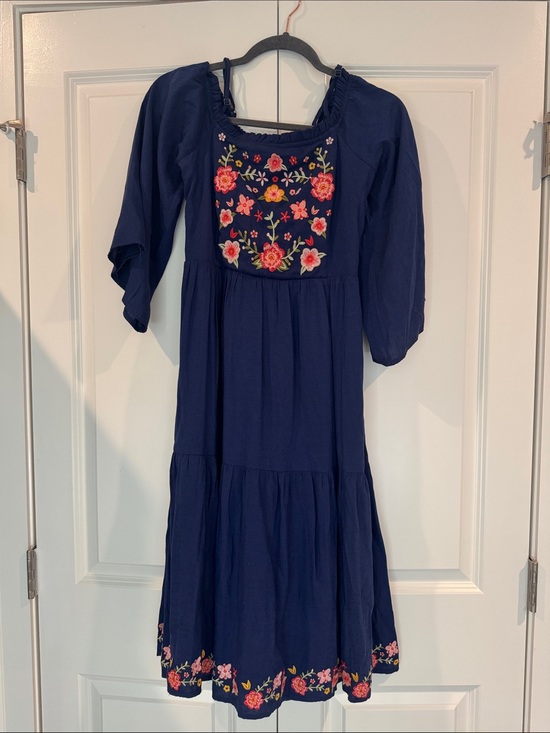 Dresses & Skirts - Girls Navy Floral Embroidered Tiered Dress